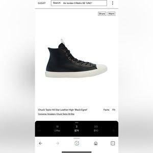 Chuck Taylor Converse Black Leather High Tops, Black and Egret